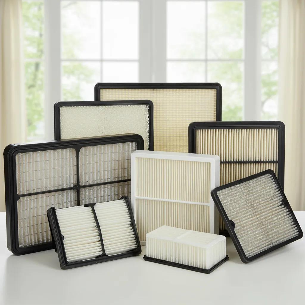 Diverse air filters for home HVAC systems including fiberglass, pleated, electrostatic, and HEPA types
