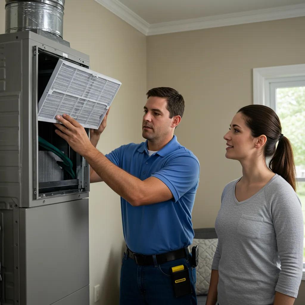 An HVAC technician replacing an air filter in a home, demonstrating professional service and maintenance