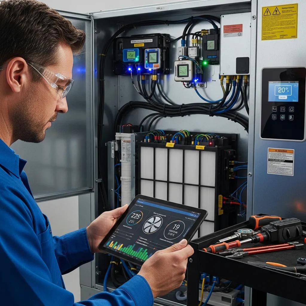 Seamless HVAC Automation for a Smart Home Experience 1 Technician using a tablet for predictive maintenance on a smart HVAC system, monitoring operational data and system diagnostics.