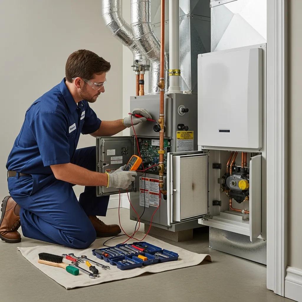 HVAC technician performing a tune-up on a residential heating and cooling system