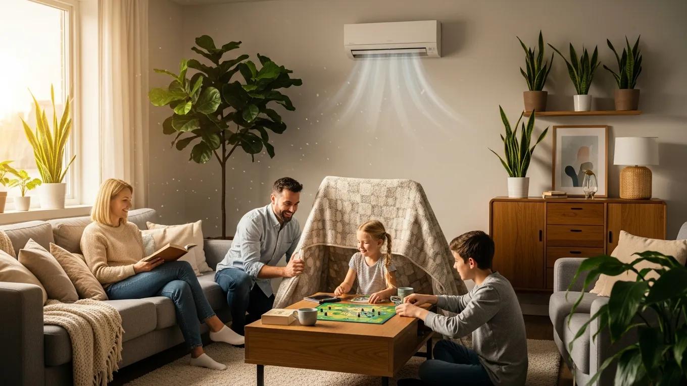 Family enjoying clean air in a cozy living room with a modern HVAC system